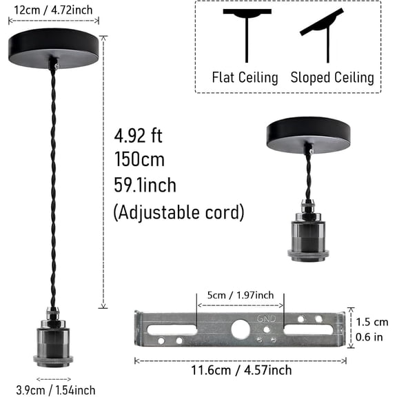 YJYASX-1-Light Mini Pendant Light Kit, Adjustable Pendant Lights Cord 4.92ft, Pearl Black Ceramic Socket E26 E27 Black Canopy Kit Ceiling Hanging Light Fixtures for Kitchen Island Bedroom
