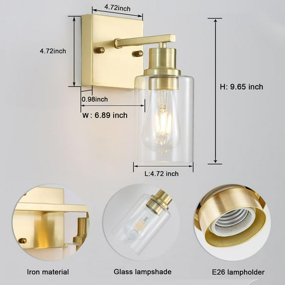 YJYASX-1-Lights Gold Bathroom Light Fixture, Brushed Brass Vanity Light with Clear Glass Shade, Modern Bath Wall Lights for Living Room, Hallway, Bedroom