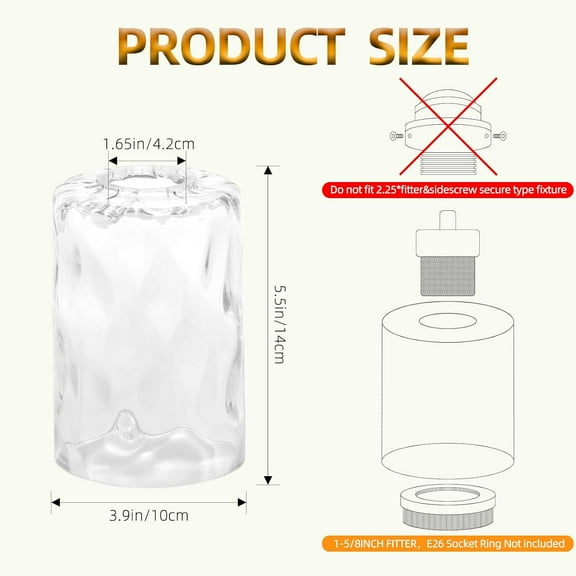 YJYASX-1 Pack Hammered Glass Lamp Shade Replacement Globe & Cover for Light Fixture Chandelier, Table Lamps, Pendant, 1-5/8 inch Fitter, Clear Hammered Water Ripple Cylinder Glass Shade