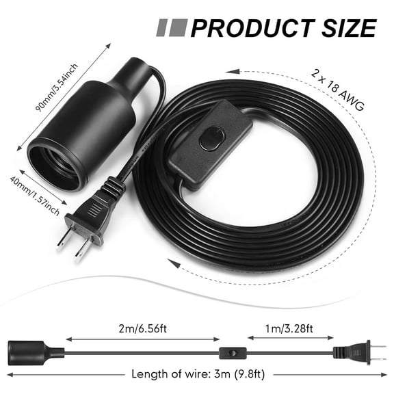 YJYASX-10 Pack Hanging Light Cord Pendant Light Cord with Switch Light Socket Extension Light Bulb Socket Cable Lamp Kit for E26 E27 Lamp Socket Lantern (Black,9.8 Feet)