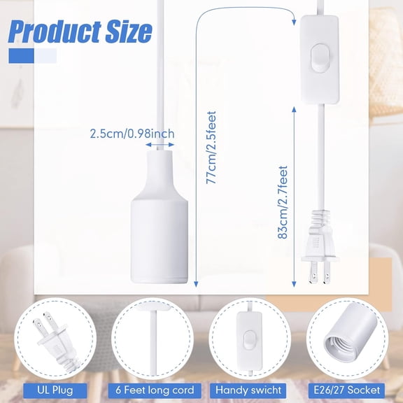 YJYASX-10 Pack Hanging Light Cord Pendant Light Cord with Switch Light Socket Extension Light Bulb Socket Cable Lamp Kit for E26 E27 Lamp Socket Lantern (White,6 Feet)