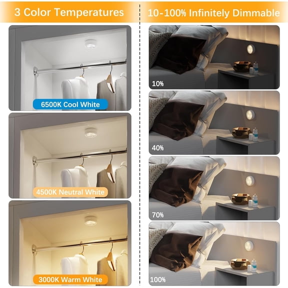 YJYASX-10 Pack LED Puck Light with Remote, 3 Color Battery Operated Dimmable Push Tap Light, Portable Under Cabinet Lighting Stick On, for Closet Kitchen