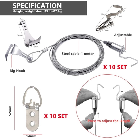 YJYASX-10 Pack - Picture Rail Hanging System, Silver Molding Hooks and Cables