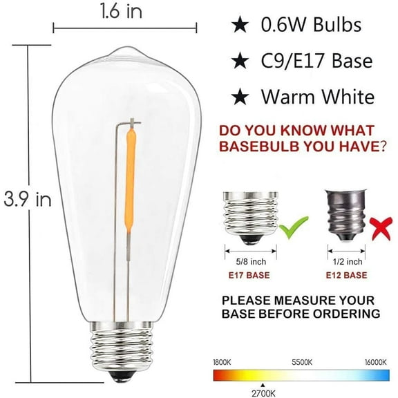 YJYASX-10 Pack ST40 LED Light Bulbs, 0.6 Watt Clear Plastic Light Bulbs, C9/E17 Intermediate Screw Bases Shatterproof LED Edison Replacement Bulbs for Outdoor ST40 Patio String Lights, Warm White