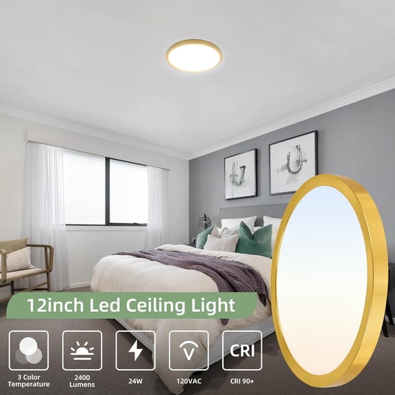 YJYASX-12 Inch Selectable CCT LED Round Flat Panel Light, 24W 3000K/4000K/5000K, Edge-Lit Flush Mount Ceiling Light Fixture for Kitchen, Bedroom, Laundry and Closet RoomGold