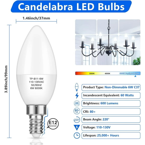 YJYASX-12-Pack E12 Candelabra LED Bulbs 60W Equivalent, 6W 600 LM Chandelier Light Bulb Cool White 6000K, B11 Candle lamp Base, Non-Dimmable