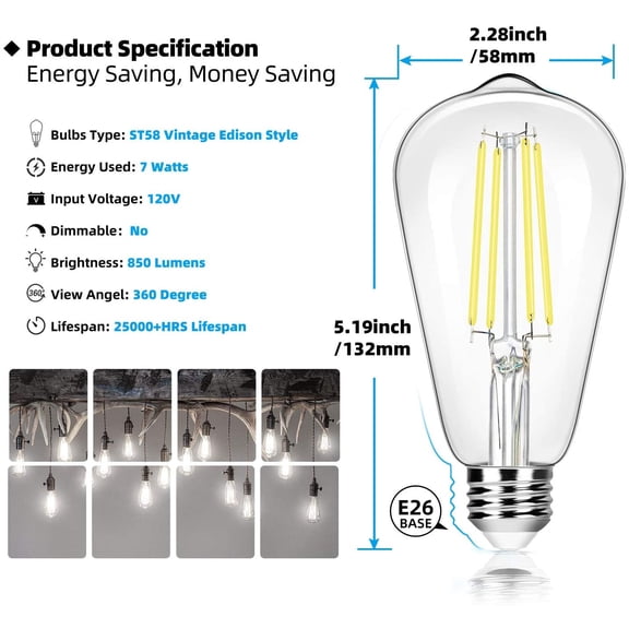 YJYASX-12-Pack Vintage 7W ST58 LED Edison Light Bulbs 60W Equivalent, 850Lumens, 5000K Daylight White, E26 Base LED Filament Bulbs, CRI90+, Antique Glass Style Great for Home, Bedroom, Office, Non-Di