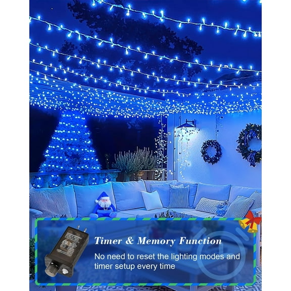 YJYASX-125FT 380LED Blue Christmas Lights, Extra Long Outdoor String Lights Waterproof, Timer & Memory, 8 Modes Dimmable Plug in Fairy Lights for Outside Tree Wedding Patry Holiday Decorations