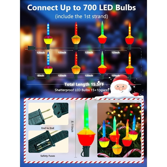 YJYASX-15.5FT Vintage Multicolor LED Bubble Lights for Christmas Tree,Retro Bubbling Christmas Lights, Liquid-Free Energy Saving Design, Connectable Up to 48 Strands, UL Certified Indoor Outdoor Deco
