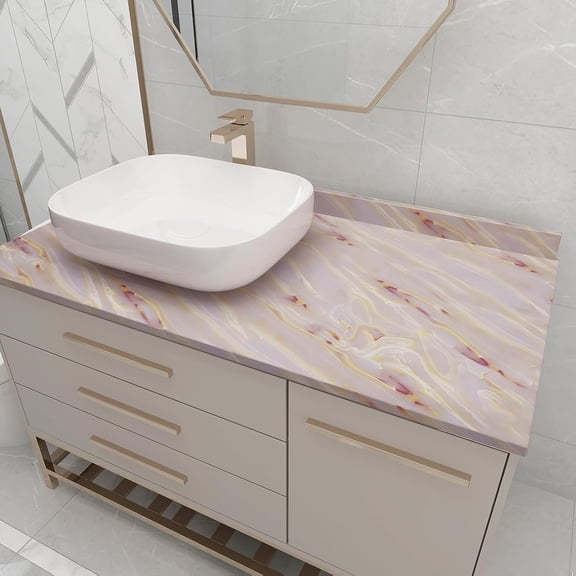 YJYASX-15.7"x196" Granite Gold White Marble Contact Paper Light Pink Peel and Stick Abstract Marble Wallpaper Countertop Cabinet Liners for Shelves Waterproof Removable Thick Vinyl Wall Paper Roll
