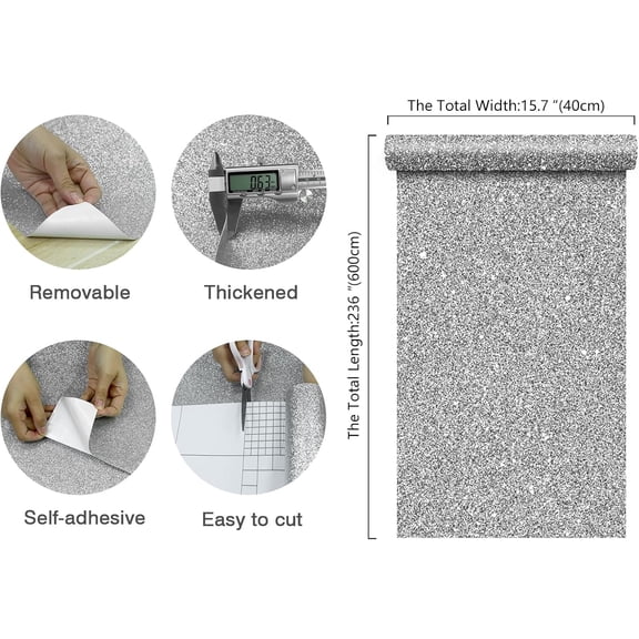 YJYASX-15.7''x236'' Silver Glitter Contact Paper Peel and Stick Wallpaper Sparkle Shimmer Self Adhesive Silver Glitter Wallpaper Removable Textured Wall Paper Roll for Bedroom Decoration Countertops