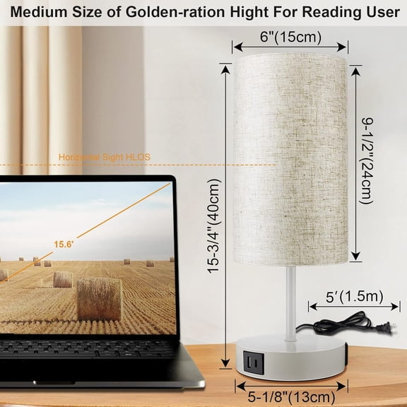 YJYASX-15.75''H 3-Way Dimmable Table Lamp Touch Control, Small Bedside Lamps with 2 USB Ports & AC Outlet, Nightstand Desk Light for Bedroom Living Room Office, E26 LED Bulb Included