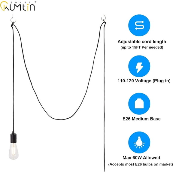 YJYASX-15 Feet Plug in Pendant Light, Pendant Light Cord Kit, Black Hanging Light Kits with ON/Off Switch, E26 Socket Lamp Cord Kit, 1-Pack