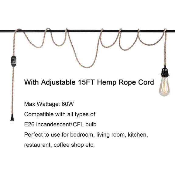 YJYASX-15FT Pendant Light Cord Kit with Dimmer Switch, Twisted Hemp Rope Vintage Plug in Hanging Lighting, Industrial Lamp Socket Set E26, Extension Hanging Lantern Cable Fixture for Farmhouse, Retro
