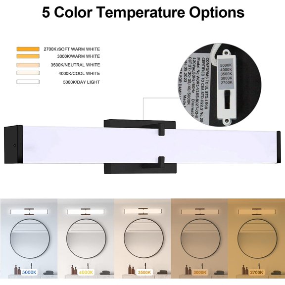 YJYASX-16 inch Bathroom Vanity Light 2700/3000/3500/4000/5000k Dimmable, Black Modern Matte for Vanity Lighting Over Mirror LED, Equivalent to Incandescent 200W, ETL Certificated (1 Pack)