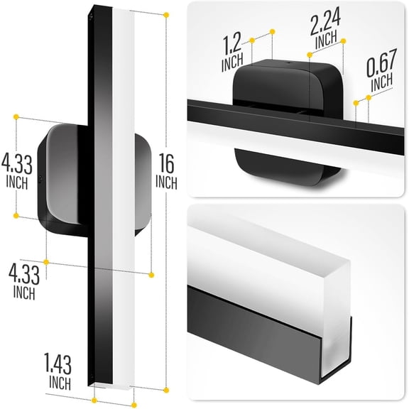 YJYASX-16-inch LED Bathroom Vanity Light Bar,Vanity Lighting Fixtures for Mirror Illumination,Indoor Daylight White Wall Light 6000K (Black)