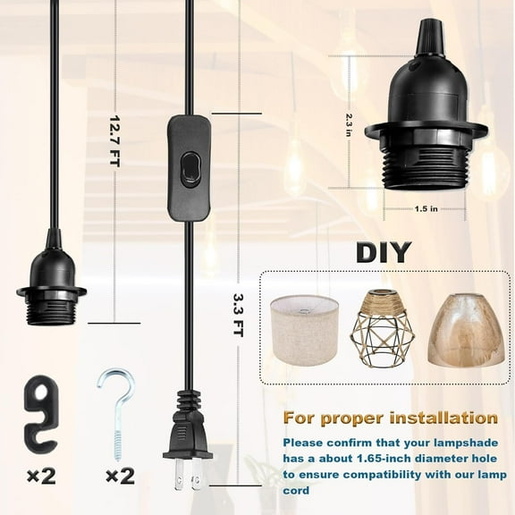 YJYASX-16Ft Pendant Light Kit, Black Plug in Hanging Lantern Cord Cable E26 E27 Corded Light Socket with On/Off Switch, Socket Rings, UL Approval, 1 Pack