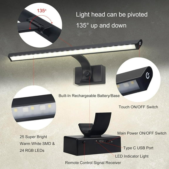 YJYASX-16inch Wireless LED Picture Light with Remote, USB Rechargeable Battery Operated Painting Light, Color Changing Art Display for Wall with Timer,Dimmable Art Light for Paintings,Frame,Portrait