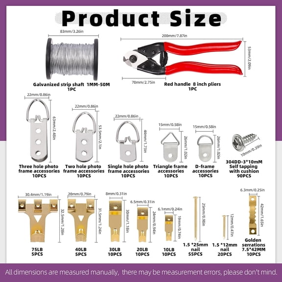 YJYASX-192Pcs 10Ibs-75Ibs Picture Hangers and Cable Wire Cutter with Picture Hanging Wire Assortment Kit, Heavy Duty Picture Frame Hanging with Picture Hangers, Hooks, D Ring, Nails for Home Use
