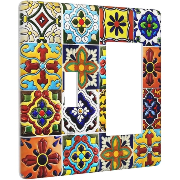 YJYASX-2-Gang 1-Toggle 1-Decorator/GFCI Device Combination Wallplate Colorful Mosaic Moroccan Mexican Boho Talavera Floral Ceramic Tile Combo Rocker/Toggle Receptacle Outlet Light Switch Cover Face P