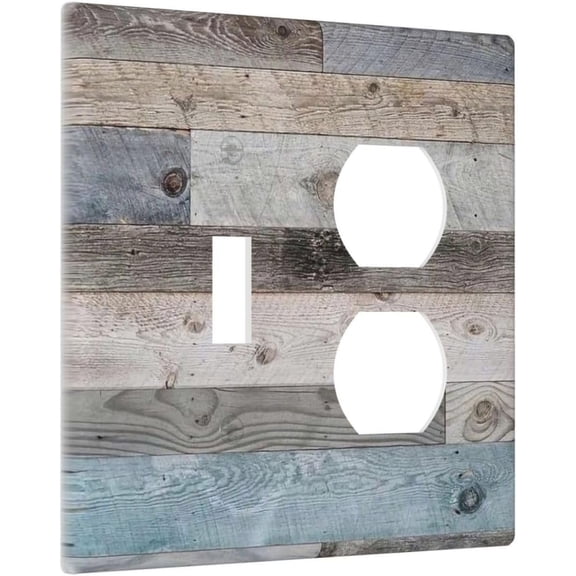 YJYASX-2-Gang 1-Toggle 1-Duplex Combination Wall Plate Vintage Rustic Western Kitchen Country Style Teal Blue Wooden Wood Plank Two Combo Double Device Toggle/Outlet Receptacle Light Switch Face Plat