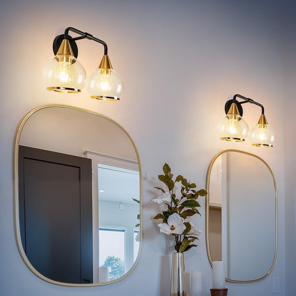 YJYASX-2-Light Bathroom Vanity Light,Black Frame with Gold Trim,Clear Glass Shade Vintage Wall Light for Mirror,Ideal for Bathroom,Living Room,Bedroom,or Hallway