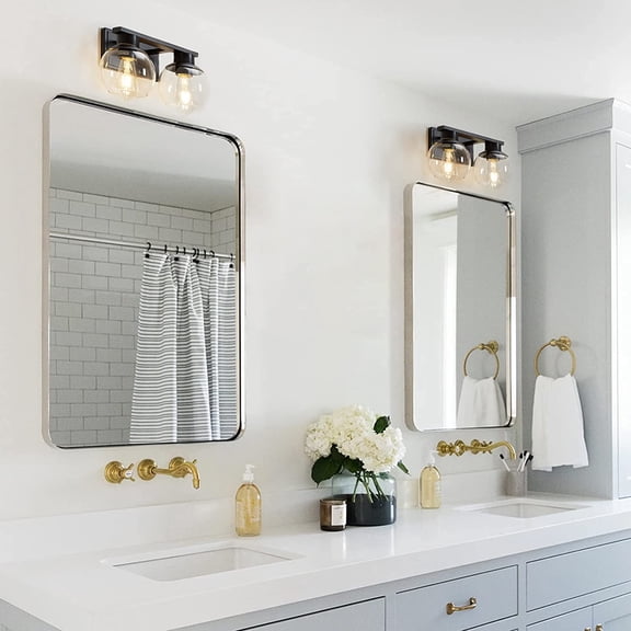 YJYASX-2-Lights Black Bathroom Vanity Lights, Modern Bathroom Lighting Fixtures with Globe Glass Shade, 14in Matte Black Wall Lamp for Bath Over Mirror Kitchen Living Room Hallway Cabinet Porch