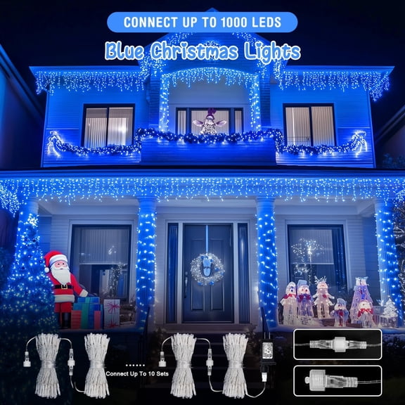 YJYASX-2 Pack 100 LED Blue Christmas Lights Indoor Outdoor, 33ft Connectable Christmas String Lights Plug in, 8 Modes Clear Wire Blue LED Lights for Xmas Tree Yard Bedroom Party Fireplace Decoration