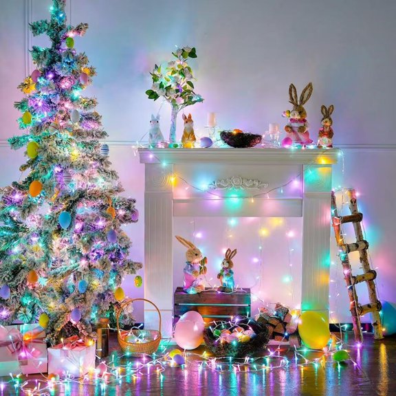 YJYASX-2 Pack 100 LED Easter String Lights Indoor Outdoor, 33ft Multicolor Easter Lights Plug in, 8 Modes Connectable Colorful Christmas String Lights for Easter Bedroom Party Decorations