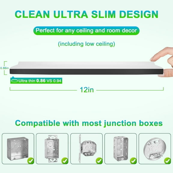 YJYASX-2-Pack Flush Mount LED Ceiling Light Fixtures Black, 12Inch Dimmable Ceiling Lamp 2700K/3000K/4000K/5000K/6500K 5 Color Selectable, 24 Watt 3200LM Low Profile Ceiling Light for Kitchen Bedroom