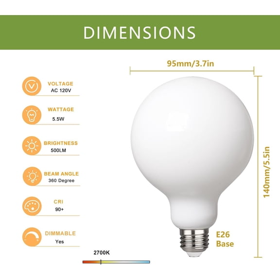 YJYASX-2 Pack G30(G95) Globe LED Light Bulbs, 5.5W Dimmable 50 Watt Equivalent LED Edison Bulbs, Warm White 2700K, 500LM, E26 Base, Milky LED Filament Bulbs for Vanity Bathroom Bedroom