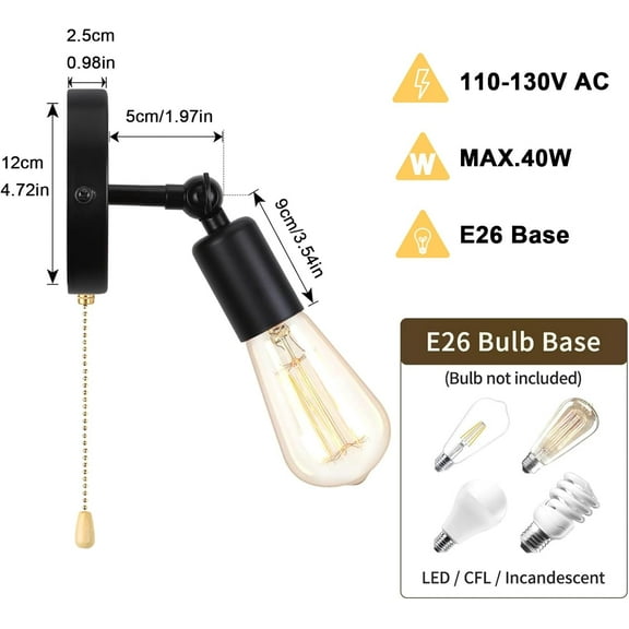 YJYASX-2-Pack Hardwired Pull Chain Wall Sconce, Black Wall Light Fixtures with Switch Indoor E26 Adjustable Small Sconces with Pull String for Kitchen Bedroom Hallway