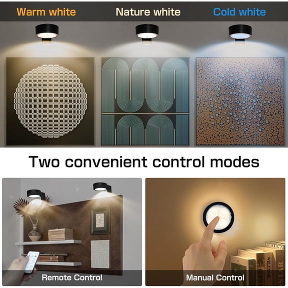 YJYASX-2-Pack Picture Light for Paintings Battery Operated Art Light with Remotes,3 Lighting Display Light,Magnetic Dimmable and Timer Wall Light for Picture Artworking Frame Portrait,LED Puck Lights
