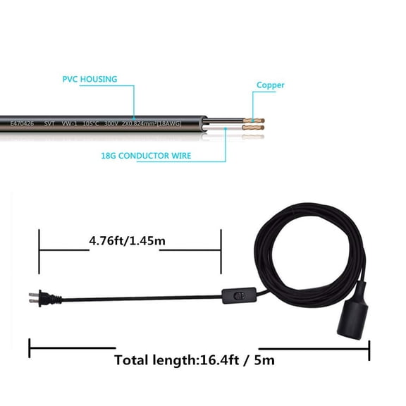 YJYASX-2 Pack Plug-in Pendant Light, 16.4Ft Vintage Industrial Edison Light Socket Silica Gel E26/E27 Base, Black Round Hanging Pendant Light Cord, Hanging Lamp Extension Cable with On/Off Switch