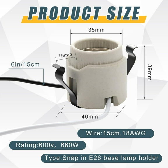 YJYASX-2 Pack U Clip Porcelain Socket, Medium Base E26 Snap in Keyless Ceramic Socket with 6" Black White Dual Wires, 660W 600V for Fixture Lighting