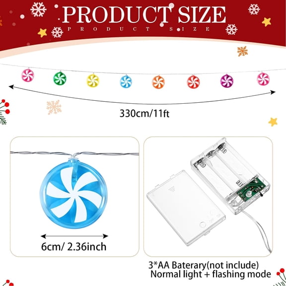 YJYASX-2 Pcs 11 ft Christmas Candy String Lights Decoration 21 LED Battery Operated Fairy Lights in 7 Colors Peppermint Lollipop Sugar Bulbs Outdoor Indoor Birthday Wedding