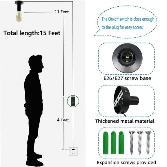 YJYASX-2 Pcs 15 Feet Black Light Socket with Cord Light Bulb Base E26/ E27 Table Desktop Lamp Base, On/Off Switch Hanging Light Cord Extension, Small Replacement Screw Ceiling Bulb Holder