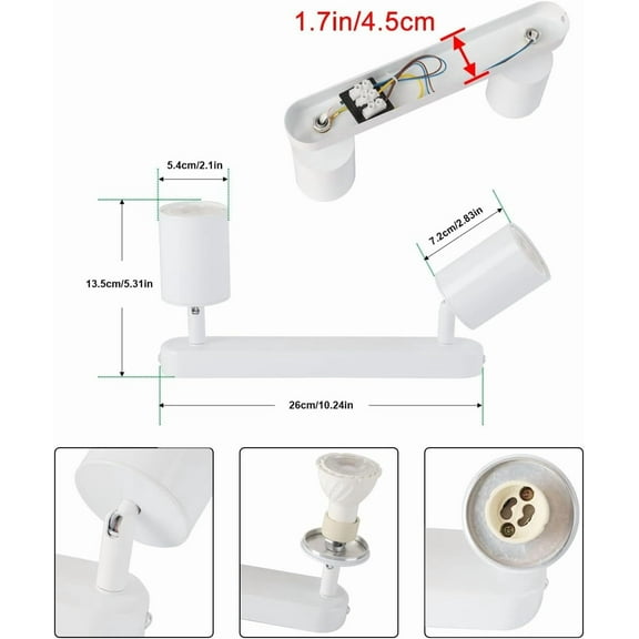 YJYASX-2 Way Track Lighting Kit Flexibly Rotatable Track Light Ceiling Kitchen LED Ceiling spot Light for Bedroom, Picture Wall, Hallway, Office, Bar, GU10 Socket (White-2)