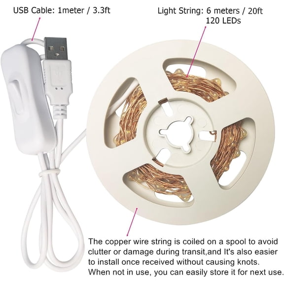 YJYASX-20 Ft 120 LED USB Fairy String Lights with On/Off Switch, Waterproof Copper Wire Lights for Bedroom Wall Ceiling Wreath Crafts Christmas Halloween Party, Orange