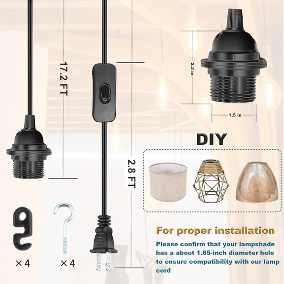YJYASX-20Ft Pendant Light Cord, Black Plug in Hanging Lamp Kit E26 E27 Corded Light Socket with On/Off Switch, Socket Rings, UL Approval Extension Lantern Cable, 2 Pack