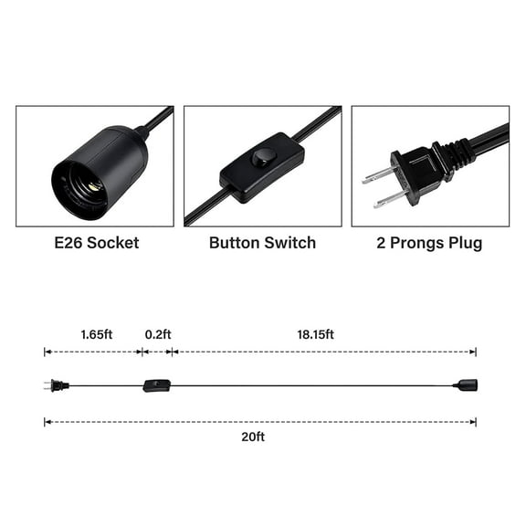 YJYASX-20ft Hanging Lantern Extension Cord Cable, Plug-in E26 Pendant Light Socket with On/Off Button for Kitchen, Living Room (Bulb Not Included), Black, 1 Pack