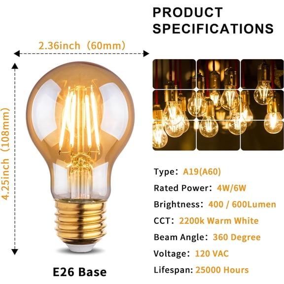 YJYASX-2200k Led Light Bulb,Vintage A19 Edison Bulbs,Dimmable Amber Warm White Tone Light Bulb,Antique Led Filament Light Bulbs,Old Style Light Bulbs,40W/60W Equivalent,4 Watt/6 Watt,E26 Base