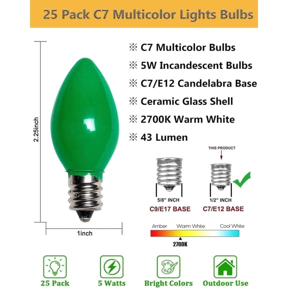 YJYASX-25 Pack C7 Multicolor Christmas Light Bulbs, C7 Ceramic Colorful Incandescent Christmas Replacement Bulbs for Outdoor String Lights, E12 Candelabra Base Night Light Bulb, 5 Watt Candles Bulbs