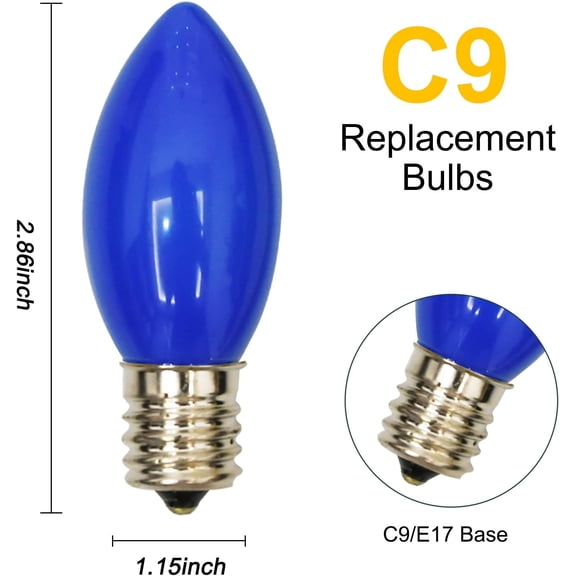 YJYASX-25 Pack C9 Blue Christmas Replacement Light Bulbs, 7W C9 Incandescent Bulbs for Outdoor String Lights Hanukkah Chandelier Candles Decor, E17/C9 Intermediate Base, Night Light Bulbs- Blue