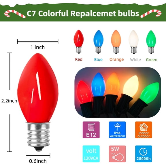 YJYASX-25 Pack Multicolor C7 Christmas Lights Replacement Bulbs Vintage Ceramic Multi-Colored Light Bulbs for Christmas Tree & Indoor Outdoor Xmas Lights C7 Replacement Bulbs, E12 Base, 5W