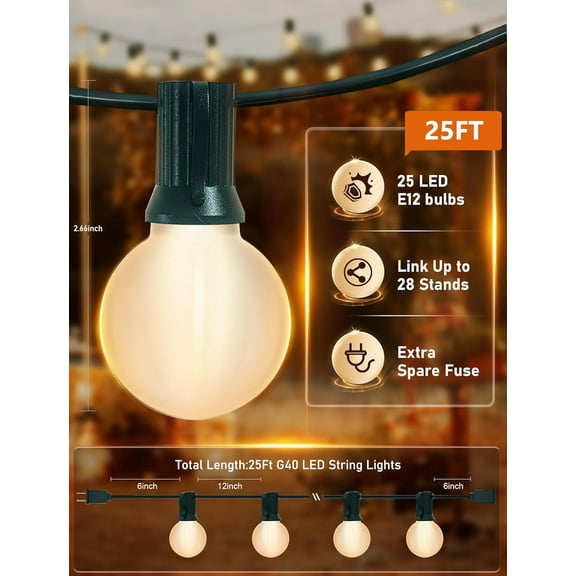 YJYASX-25FT G40 LED Frosted Outdoor String Lights, Globe String Lights with 27 Edison Shatterproof Bulbs(2 Spare), Decorative Lights for Bedroom Bistro Caf Wedding, Warm White, Green Wire