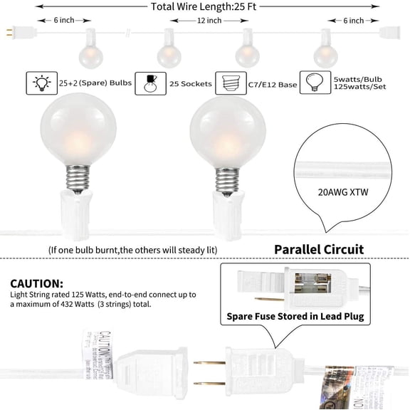YJYASX-25FT Outdoor String Lights, G40 Frosted White Globe String Lights with 27 Warm White Bulbs, Hanging Patio Lights UL Listed for Indoor Outdoor Backyard Garden Wedding Party Cafe Christmas Decor