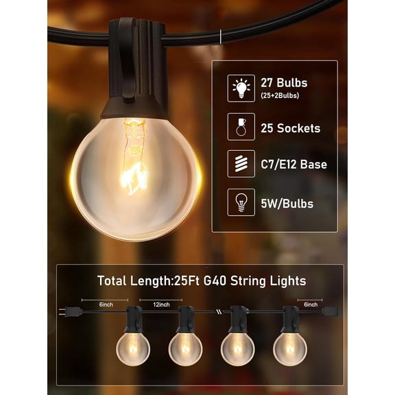 YJYASX-25FT String Lights, G40 Outdoor String Lights Edison Light Bulbs Clear Globe Lights for Backyard Patio Lights Indoor/Outdoor Commercial Decoration -5 Watt/120 Voltage/E12 Base -Black Wire
