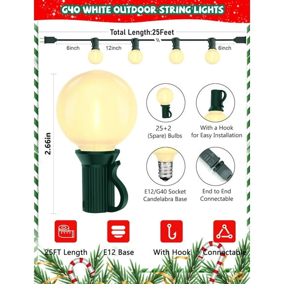 YJYASX-25Ft Christmas Outdoor String Lights, G40 Globe Lights with 27 0.6W Frosted Warm White Bulbs, Vintage Christmas Lights for Holiday Party Backyard Xmas Tree Wedding Garden Patio Porch Decor, Gr