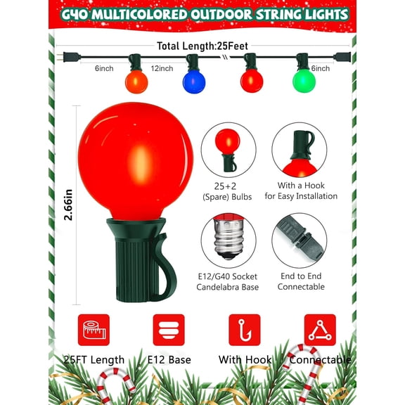 YJYASX-25Ft LED Christmas Outdoor String Lights, G40 Globe Edison Lights with 27 0.6W Baked Multicolor Bulbs, Vintage Ceramic Lights for Holiday Party Backyard Wedding Garden Patio Porch Decor, Green
